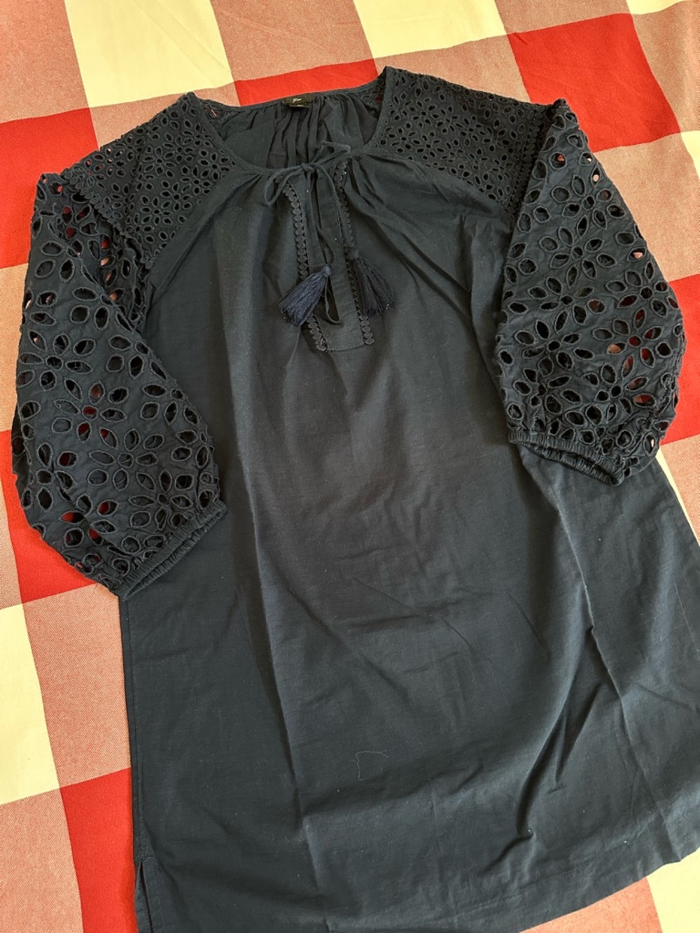 JCrew women's tunic or swim cover-up with eyelet sleeve, navy in color, size XXS